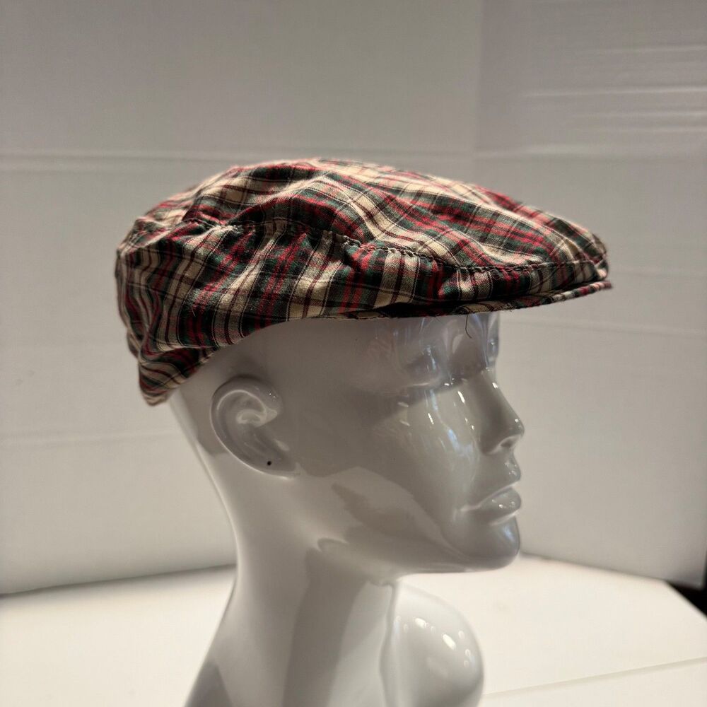 Vintage Pendleton lined Ivy Cap Newsboy red green white plaid  Medium